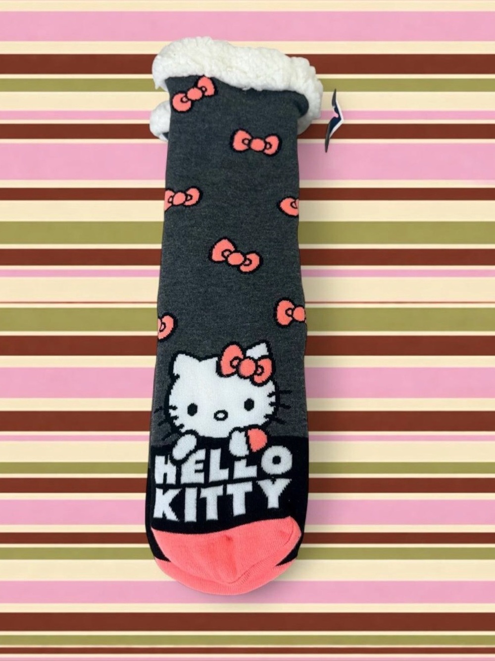 Hello Kitty Gray Slipper Socks with Fleece Lining & Grips